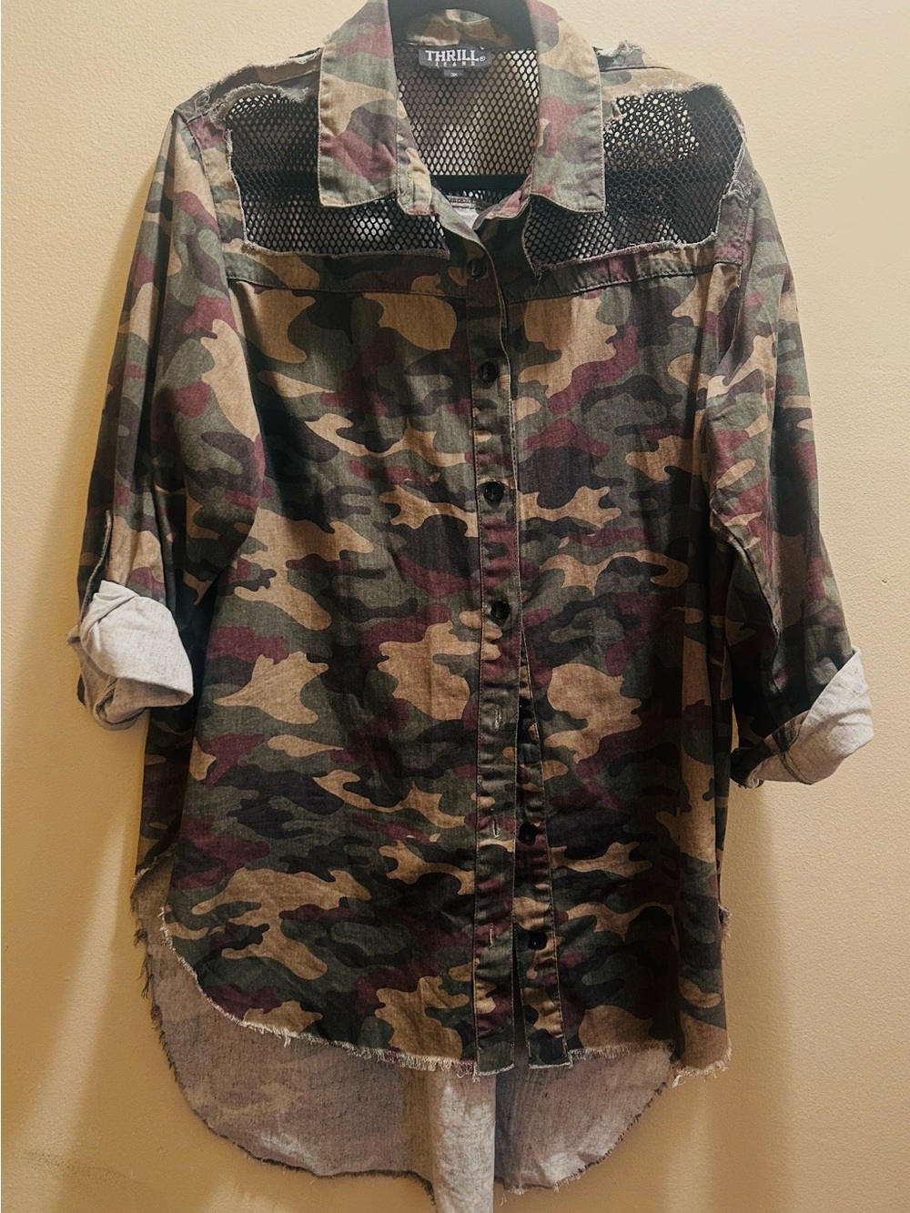 Thrill Green Camo Mesh-Yoke Button-Front Shirt